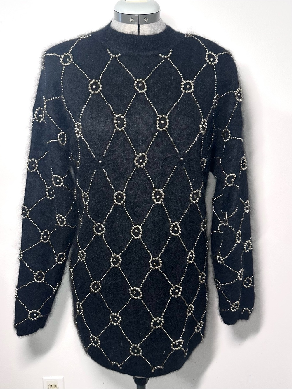 Embellished Black Crewneck Sweater with Diamond Bead Pattern - Women's